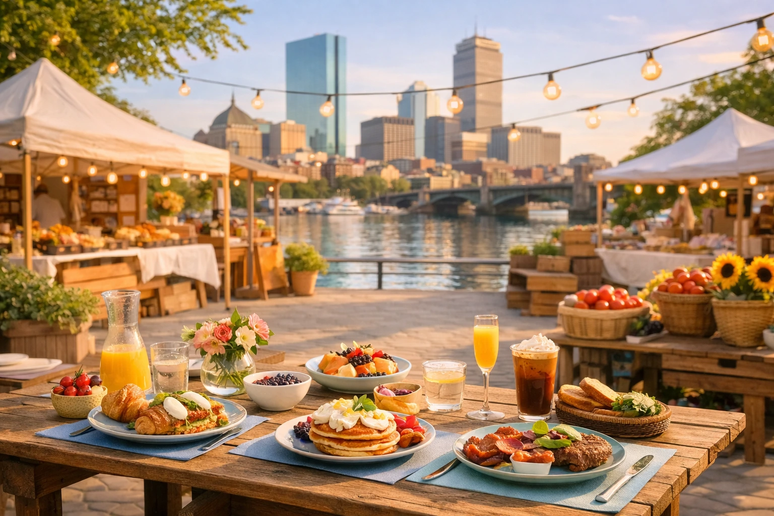 Warm, rustic brunch table with jazz instruments and soft ambient lighting in a South End setting