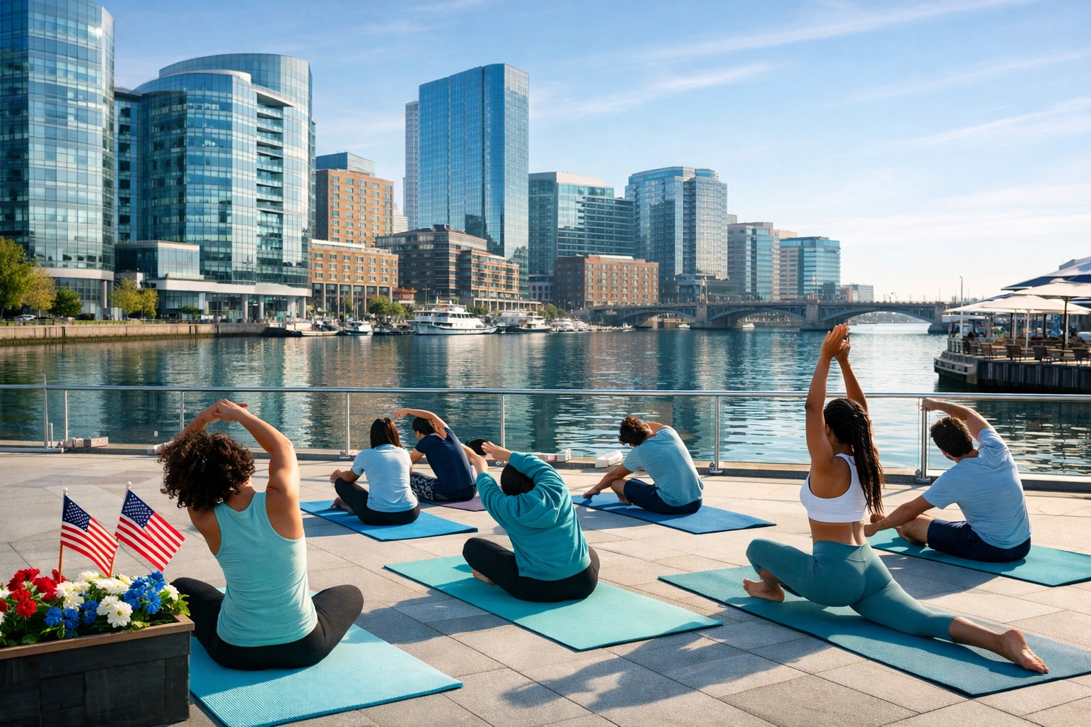 Yoga mats arranged on Boston’s Seaport waterfront during a sunny outdoor fitness class.