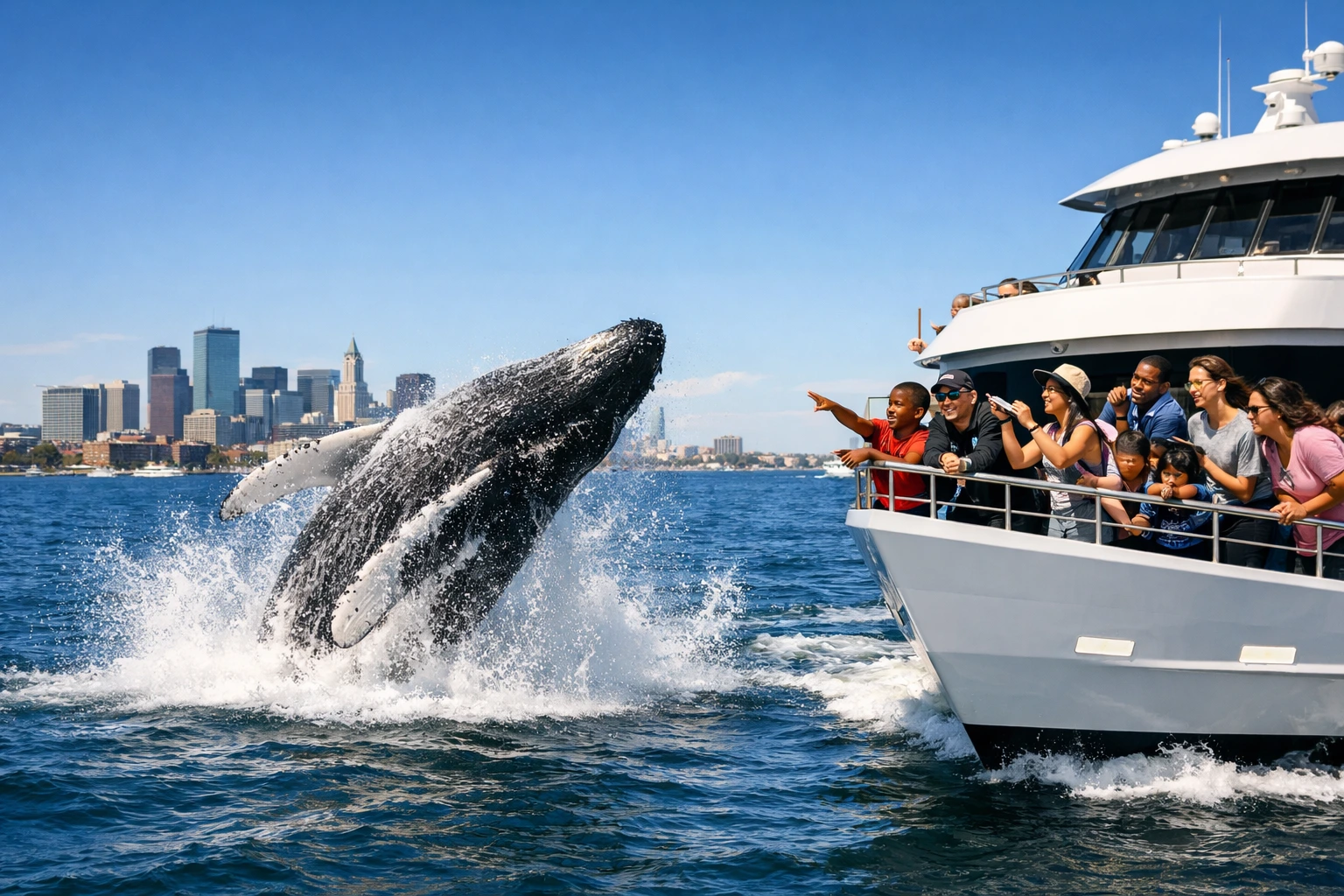 Boston Harbor Whale Watch A humpback whale breaching beside a City Cruises boat on the Boston Harbor, with passengers watching and the Boston skyline in the distance on a bright spring day.
