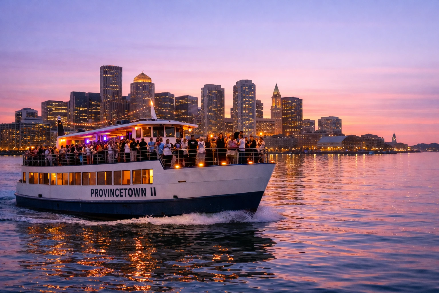 Provincetown II cruising at twilight with guests taking photos during Boston sunset cruises.