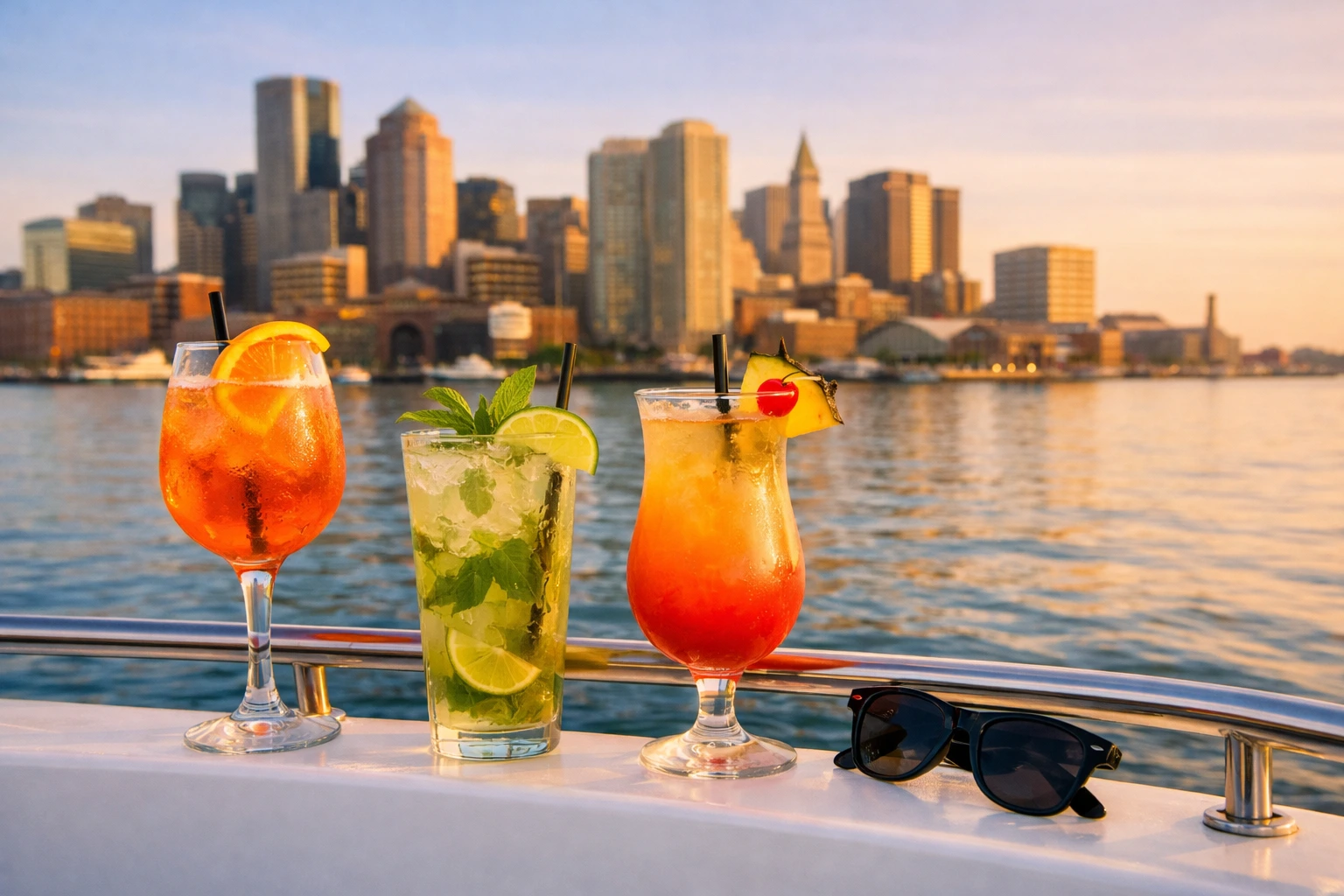 Colorful summer cocktails on a boat railing with the Boston Harbor skyline during Boston boat parties