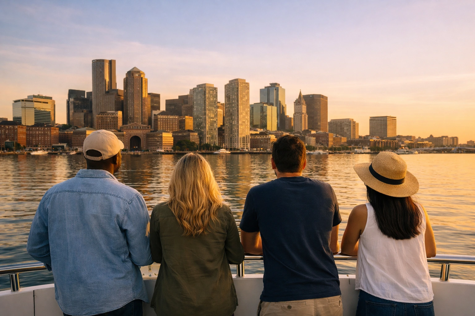Passengers on a Boston Harbor cruise looking at the Boston skyline — what Boston cruises are like.