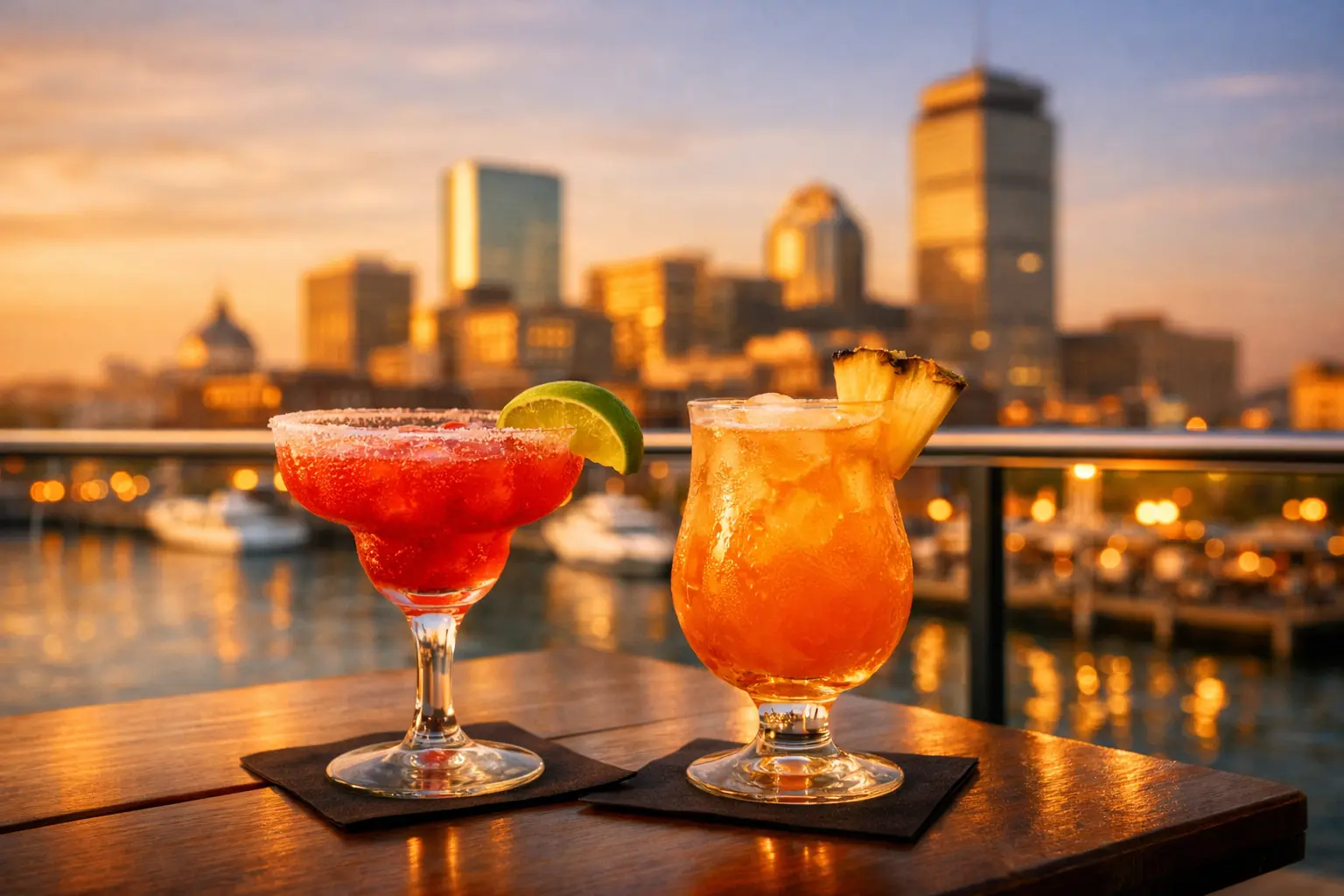 Boston waterfront restaurant patio with harbor views — waterfront restaurants Boston, Seaport outdoor dining, summer bars