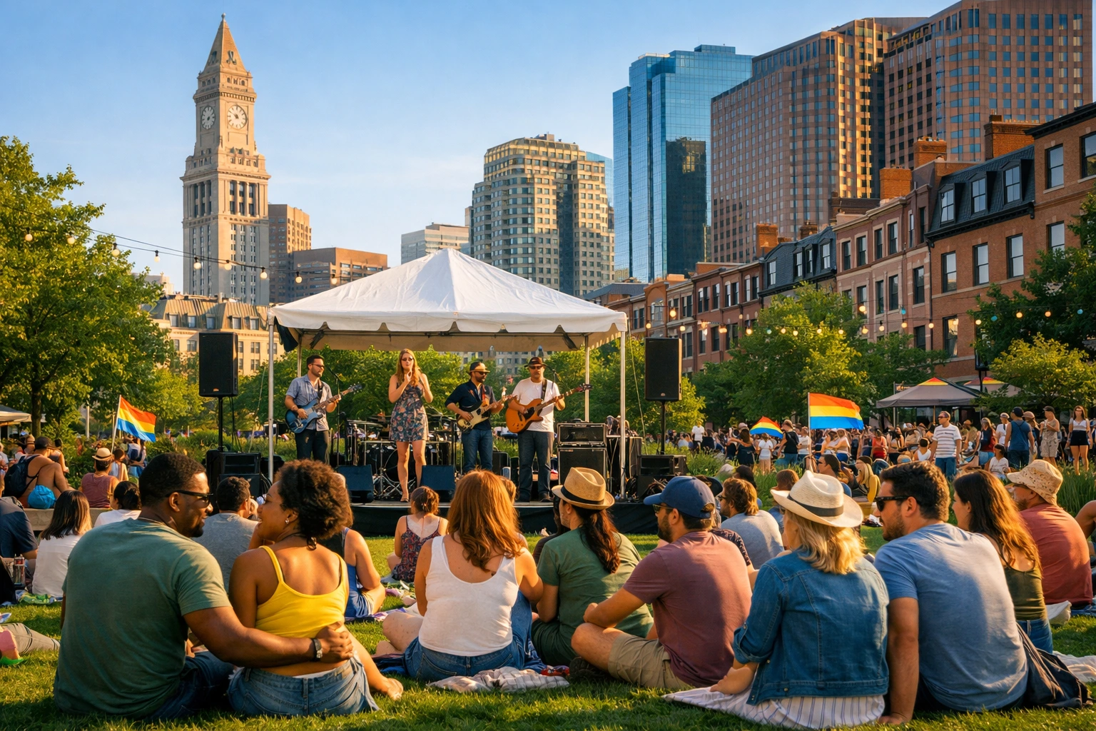 Outdoor summer concert on the Greenway with musicians performing and people relaxing on the grass.