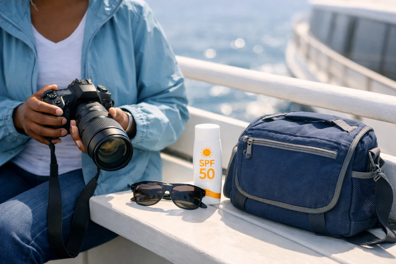 Passenger gear for a whale‑watching trip, including a jacket, sunglasses, camera, and day bag on a boat bench.