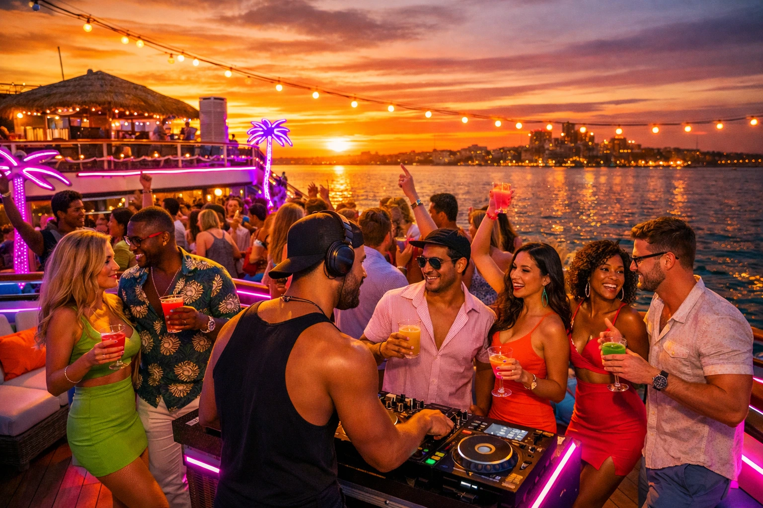 DJ playing upbeat summer music on a neon‑lit boat deck during a sunset cruise.